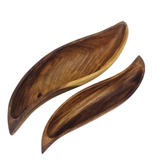 Set of 2 Vintage Genuine Monkey Pod Wood Hand Crafted Large Leaf Dish Bowls - Picture 1 of 9
